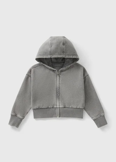 Girls Grey Acid Wash Zip Up Hoodie